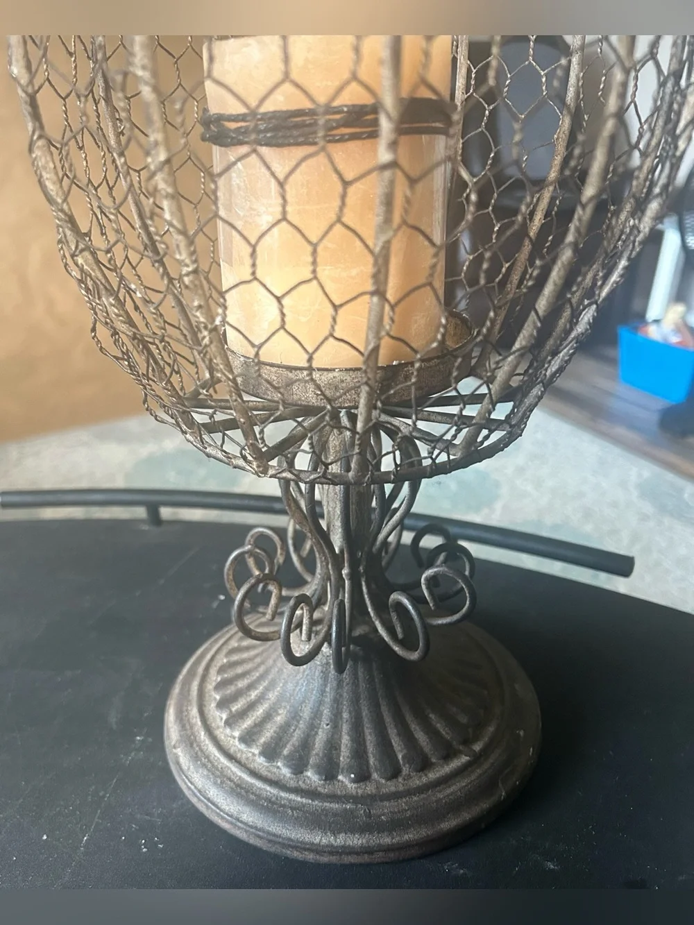 Rooster-topped wire cage candle holder distressed,metal bronze finish,farmhouse